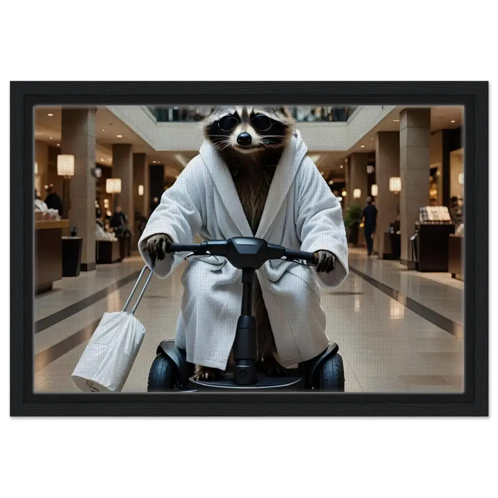 Raccoon in bathrobe riding scooter on PixiOnyx Wall Statement Canvas artwork