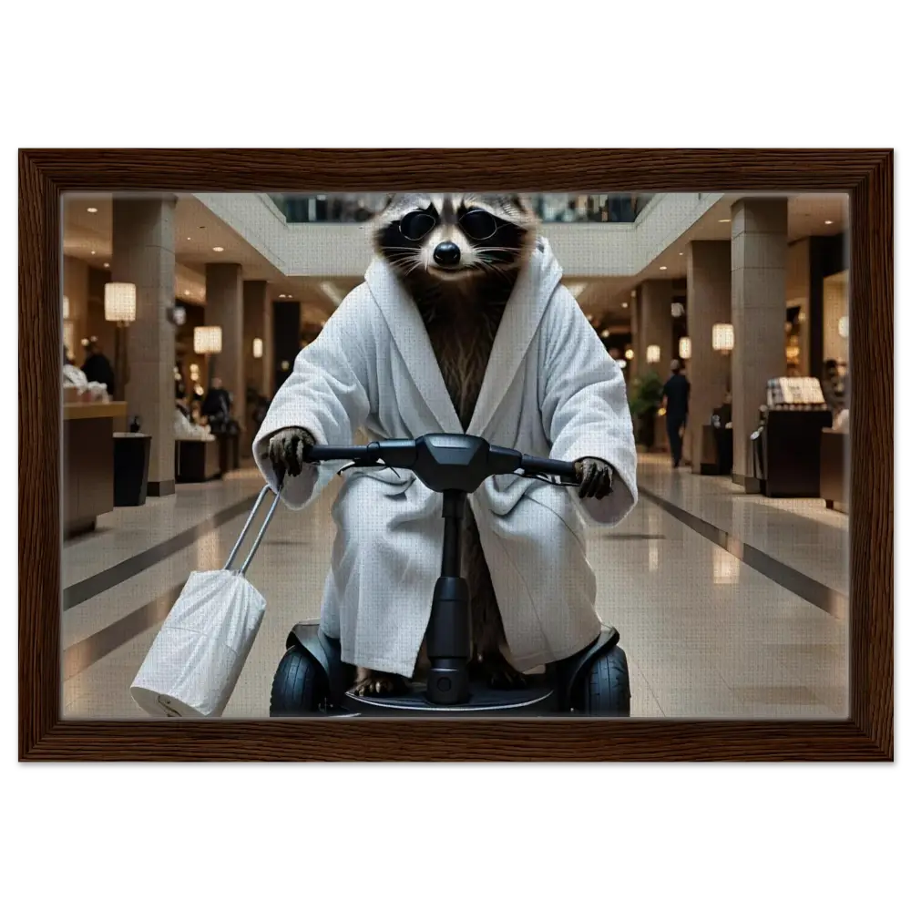 Framed satirical canvas of raccoon in bathrobe riding scooter for Wall Statement decor