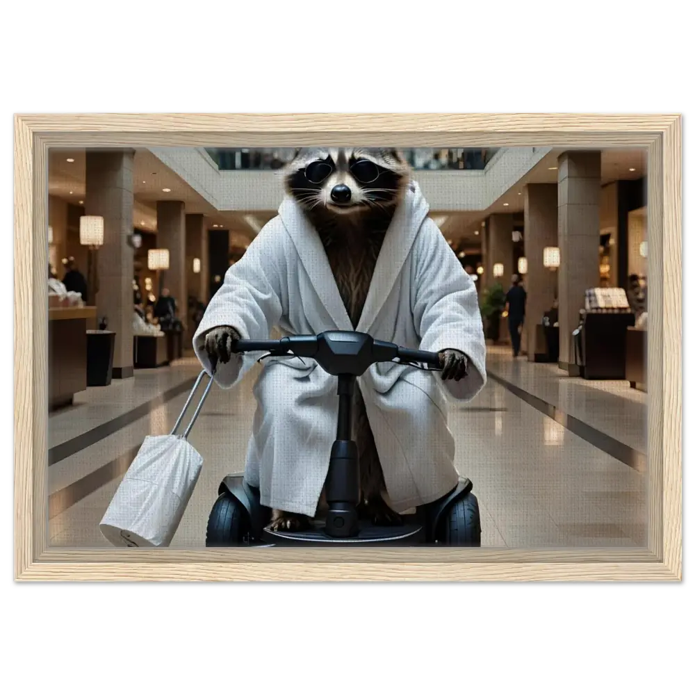Framed satirical canvas of a raccoon in bathrobe riding a scooter for Wall Statement decor