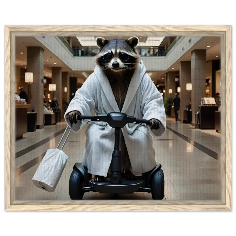 Raccoon in bathrobe riding scooter on PixiOnyx Mobility Mogul framed canvas wall art
