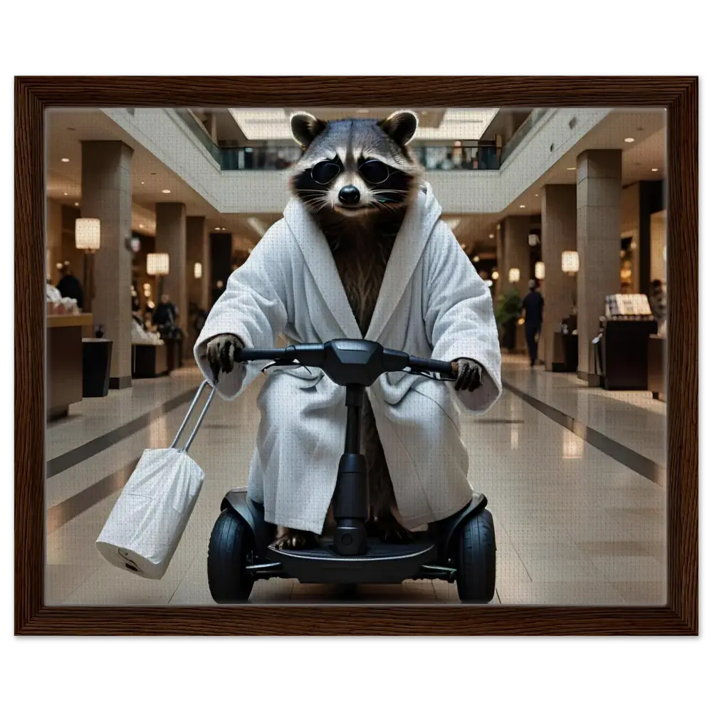 Raccoon in robe riding a scooter on a framed canvas wall art titled Mobility Mogul