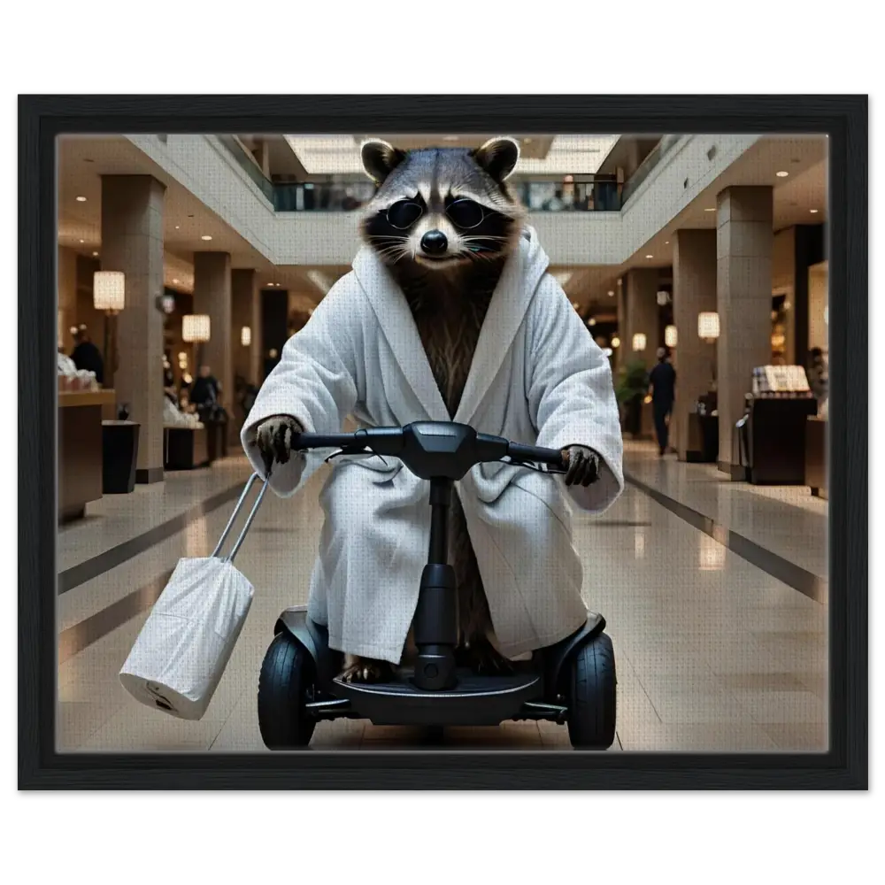 Raccoon in bathrobe riding scooter for Mobility Mogul framed canvas satirical art
