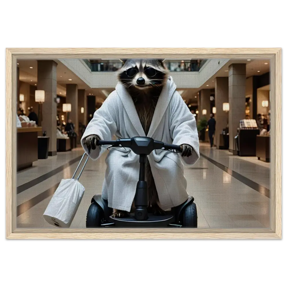 Raccoon in bathrobe riding scooter displayed on Mobility Mogul Framed Canvas Satire