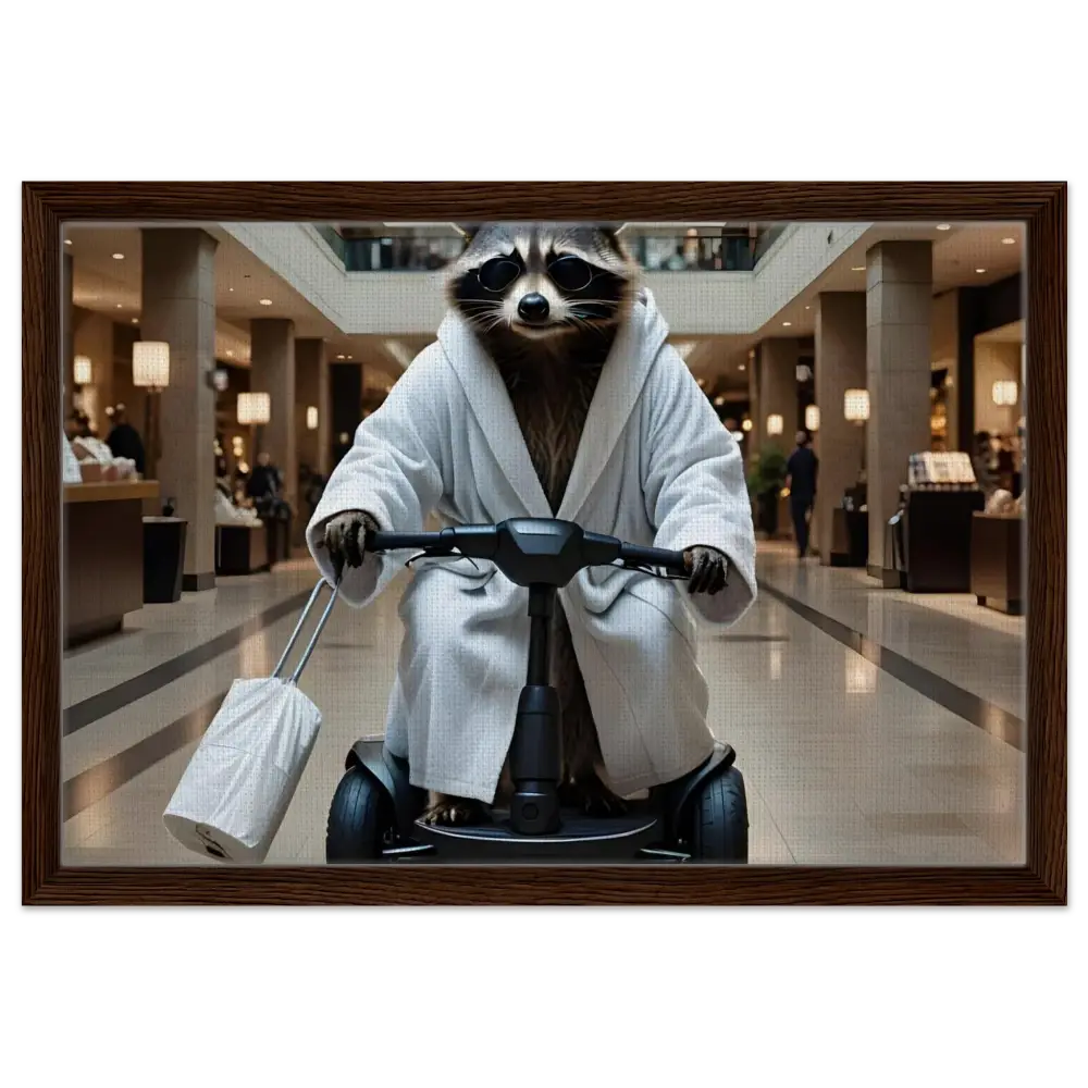 Framed canvas art of a raccoon in a bathrobe riding a scooter for the Mobility Mogul Wall Statement