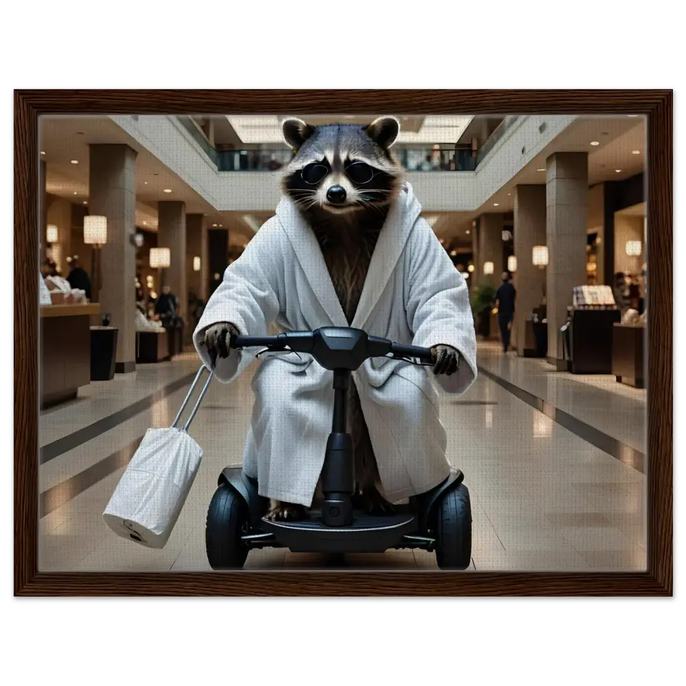 Raccoon in bathrobe riding a scooter on PixiOnyx Wall Statement framed canvas