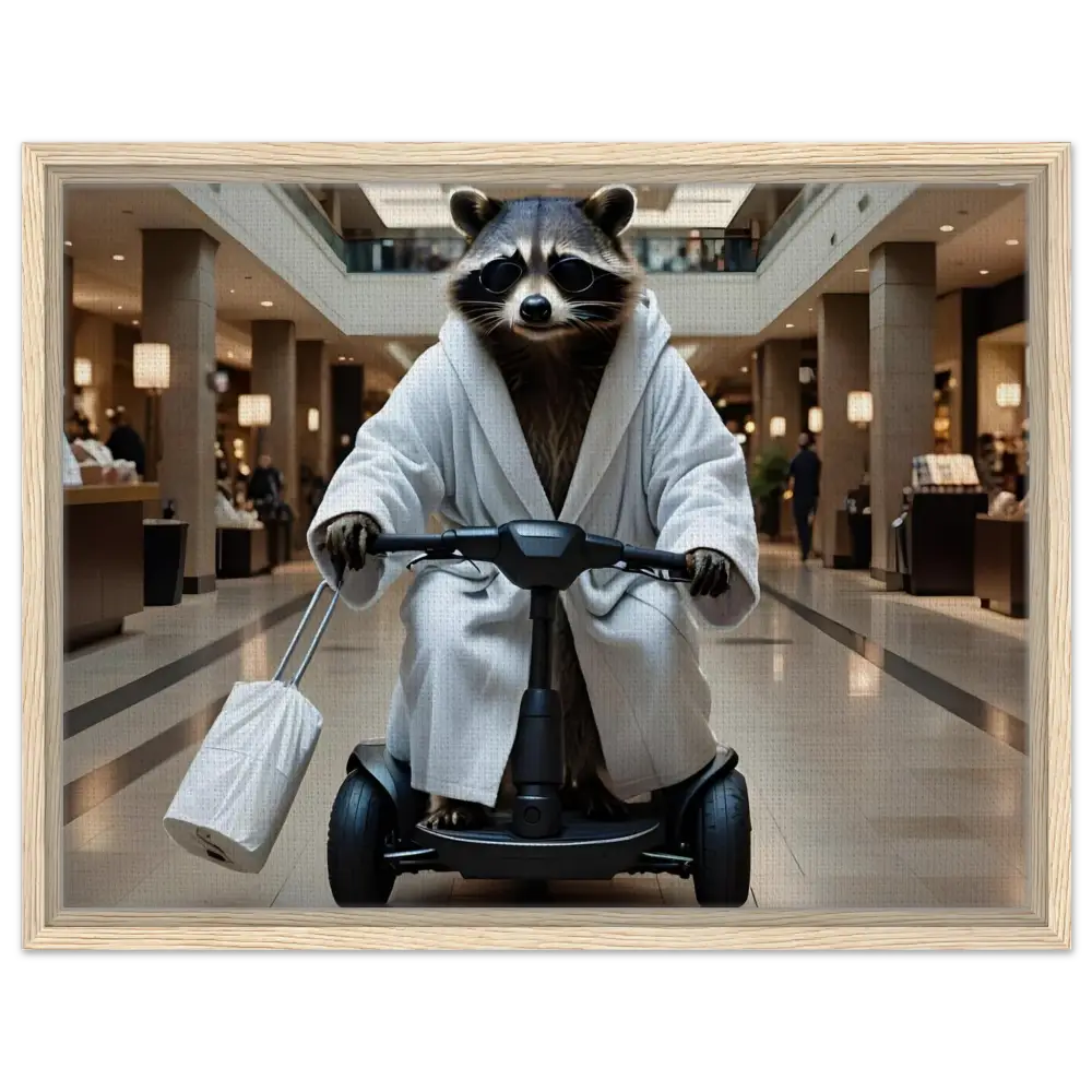 Raccoon in bathrobe riding scooter on PixiOnyx Wall Statement Canvas titled Mobility Mogul