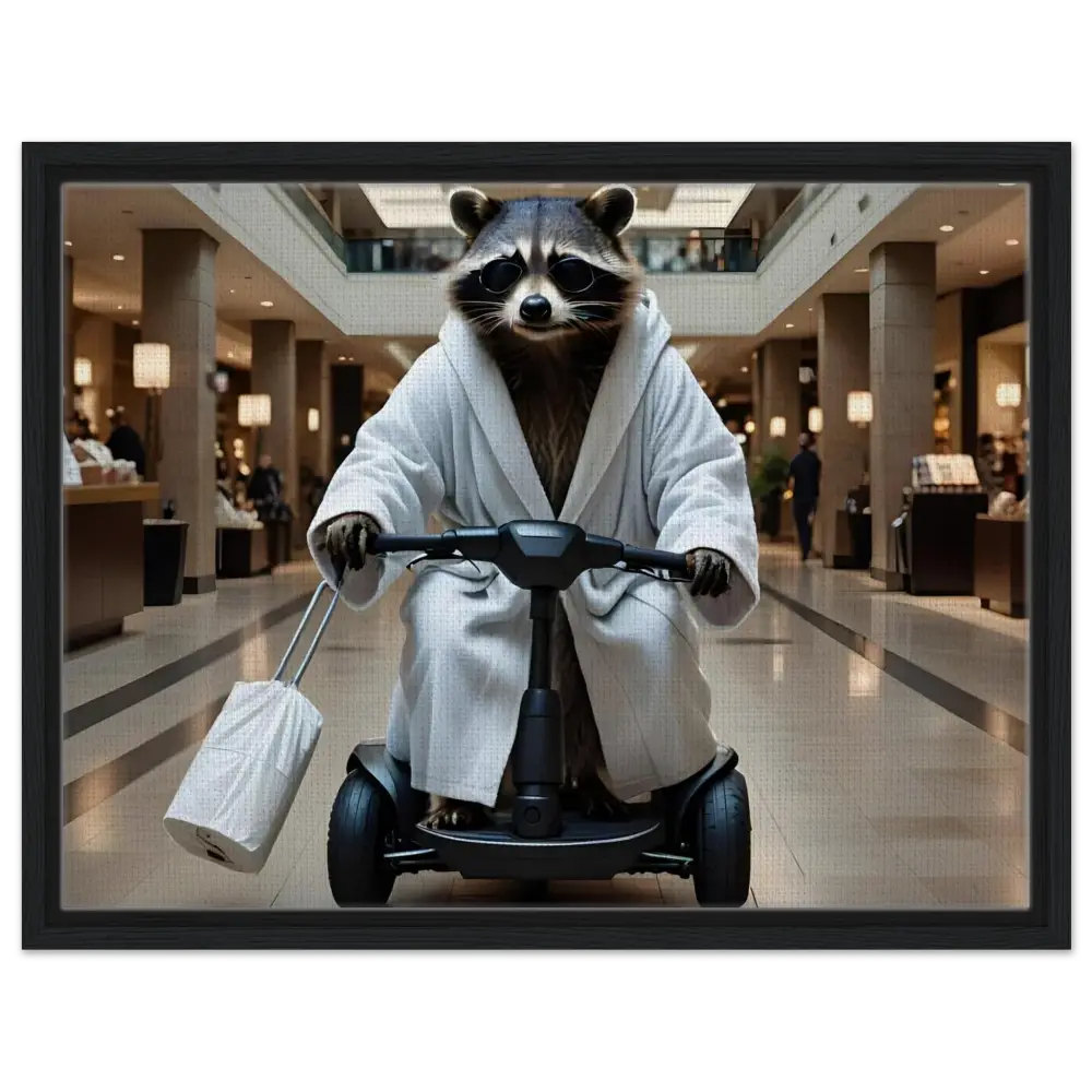Raccoon in bathrobe riding scooter on PixiOnyx Wall Statement framed canvas