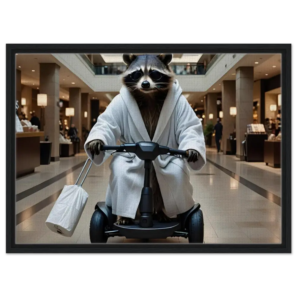 Raccoon in bathrobe riding scooter on PixiOnyx Wall Statement Canvas