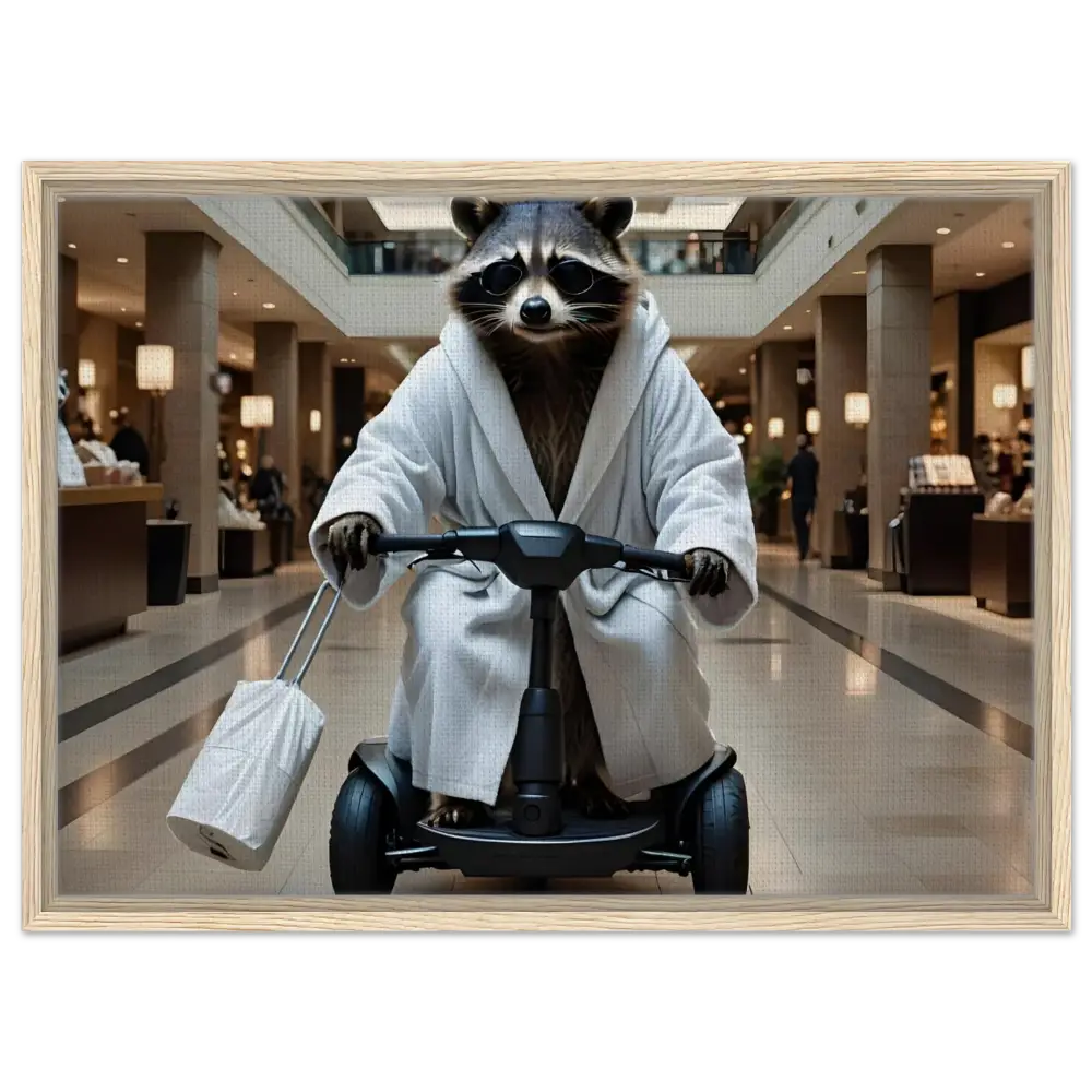 Raccoon in bathrobe riding scooter on PixiOnyx Mobility Mogul wall statement canvas