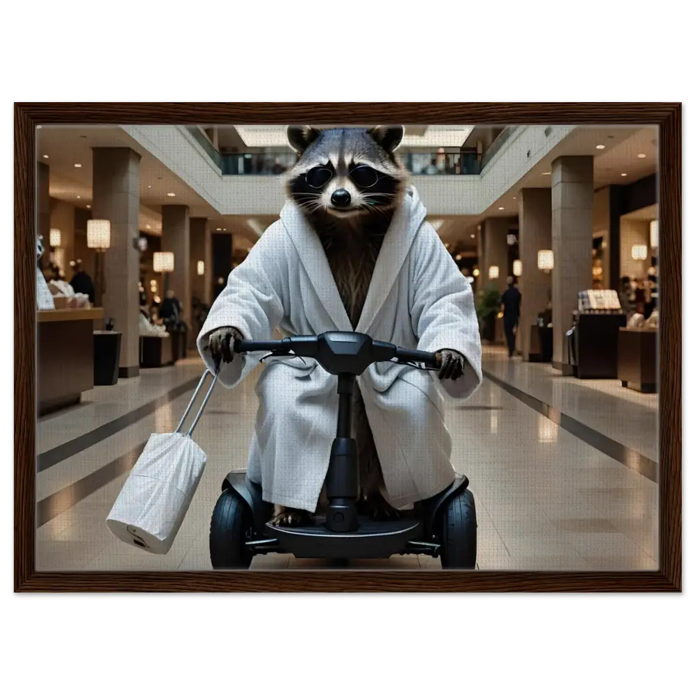 Raccoon in robe riding scooter on framed canvas wall art titled Mobility Mogul PixiOnyx