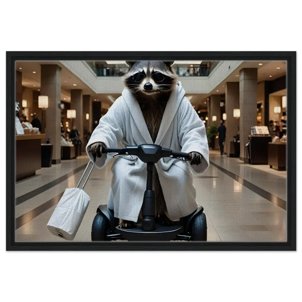 Raccoon in bathrobe riding scooter on PixiOnyx Wall Statement framed canvas