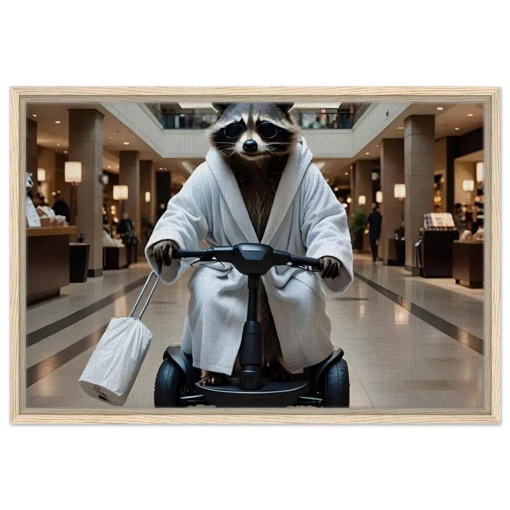 Raccoon in bathrobe riding scooter on PixiOnyx Wall Statement framed canvas