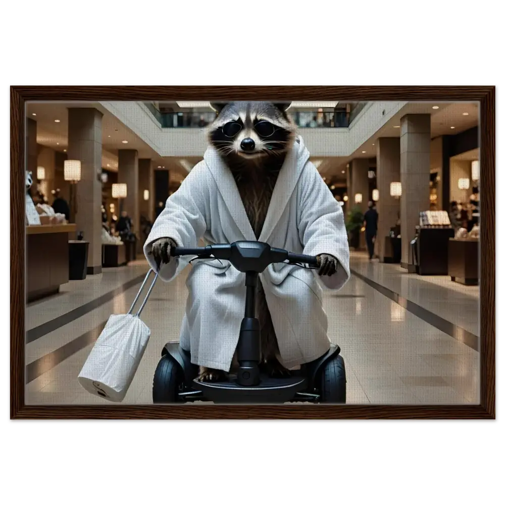 Framed satirical artwork of raccoon in robe on scooter for PixiOnyx Wall Statement