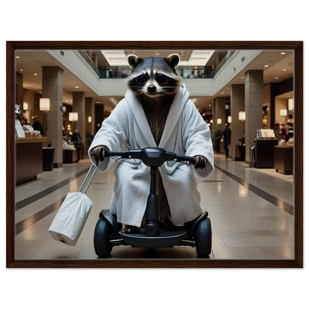 Raccoon in bathrobe on mobility scooter displayed on Mobility Mogul framed canvas wall art