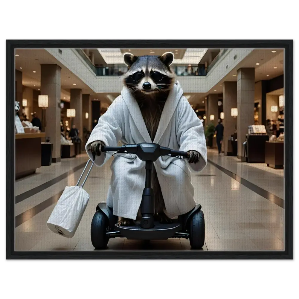 Raccoon in bathrobe riding scooter displayed on PixiOnyx Wall Statement Canvas