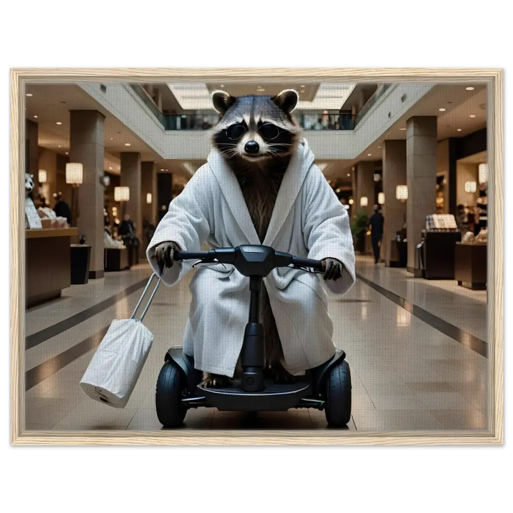 Raccoon in robe riding scooter on PixiOnyx Wall Statement framed canvas satire