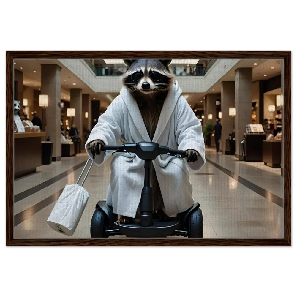 Raccoon in bathrobe riding scooter as wall art for Mobility Mogul canvas satire