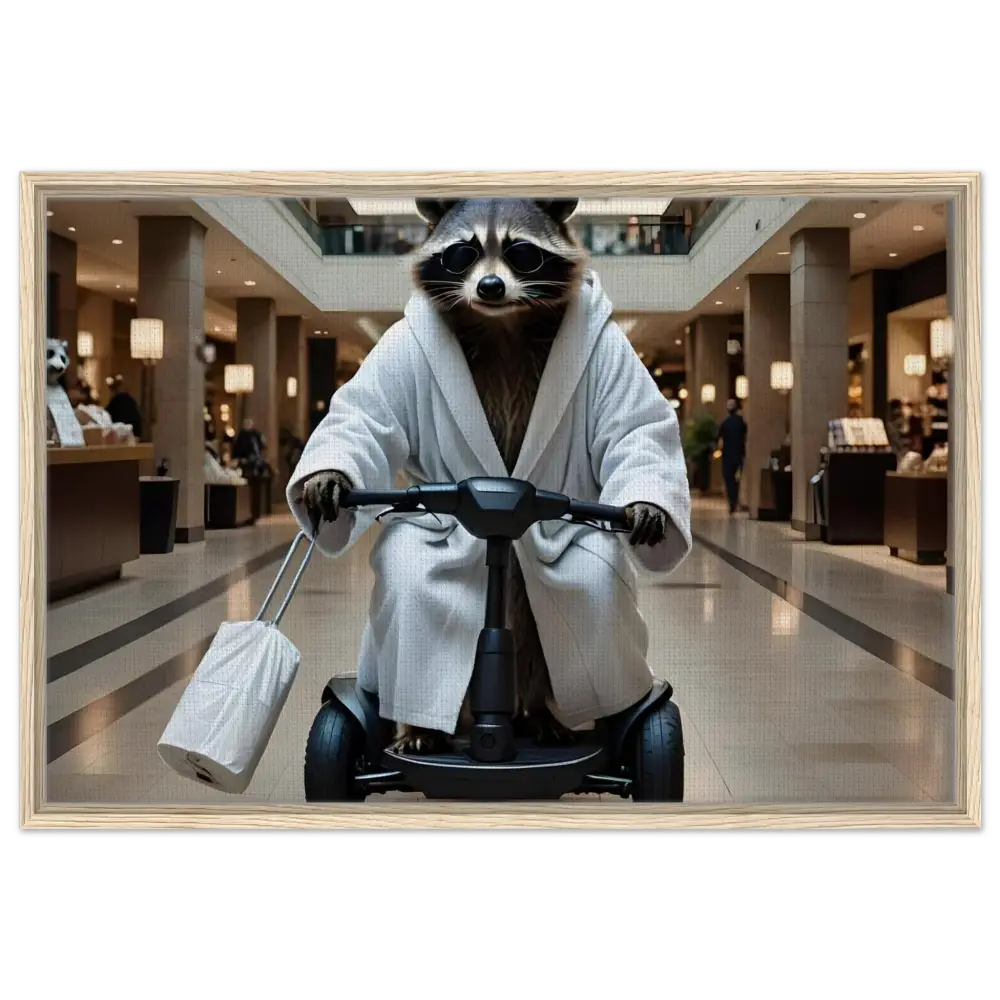 Raccoon in bathrobe riding scooter for Mobility Mogul framed canvas satire art