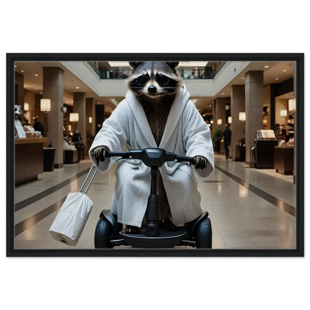 Raccoon in bathrobe riding scooter on PixiOnyx Mobility Mogul framed canvas wall art