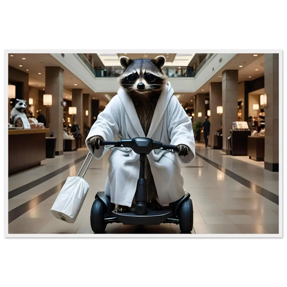 Framed Raccoon Art featuring a raccoon in bathrobe on scooter for Mobility Mogul poster