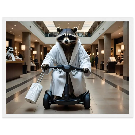 Framed PixiOnyx Premium Matte Poster of Raccoon in Bathrobe on Mobility Scooter
