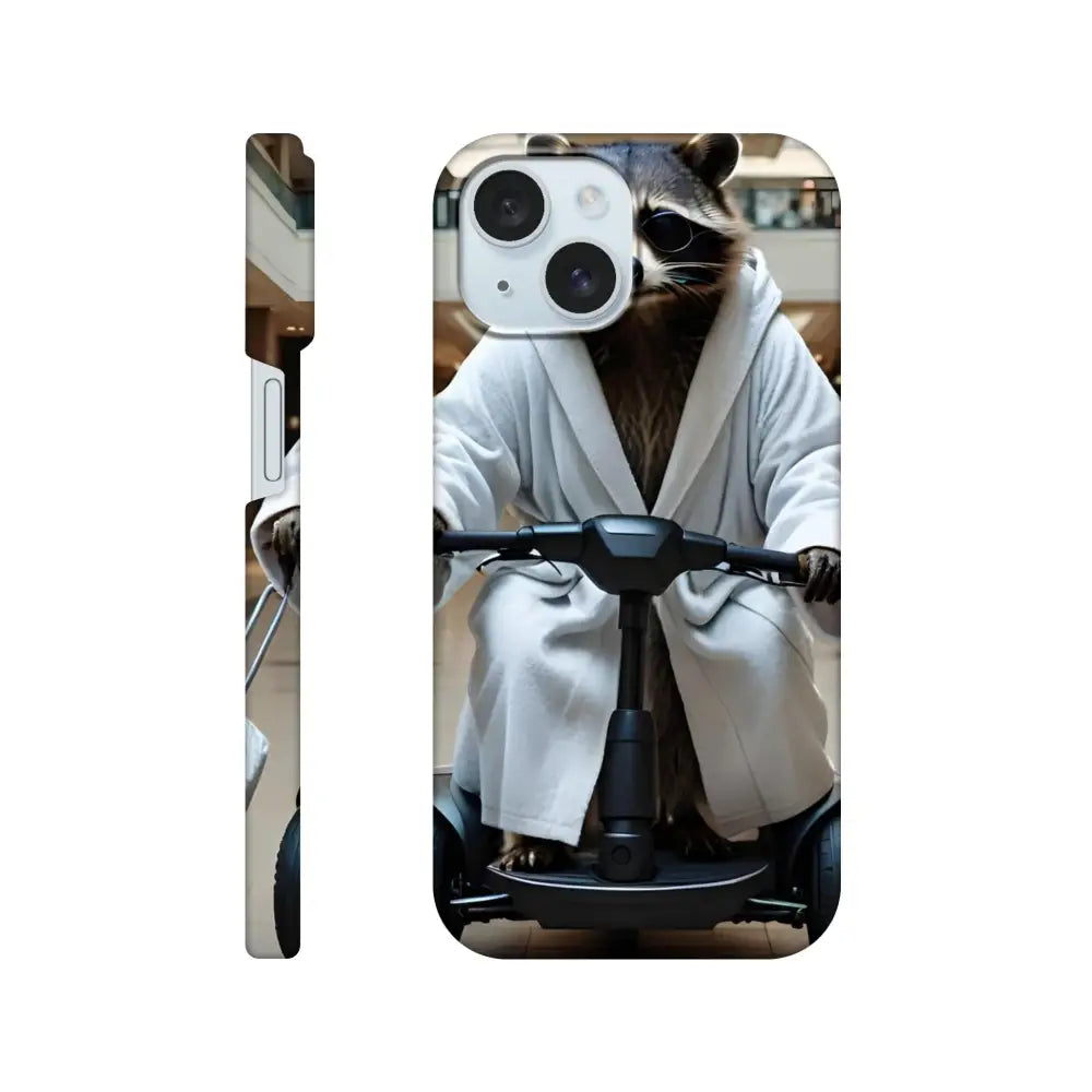 Mobility Mogul iPhone Slim Case featuring Raccoon in Robe riding Scooter
