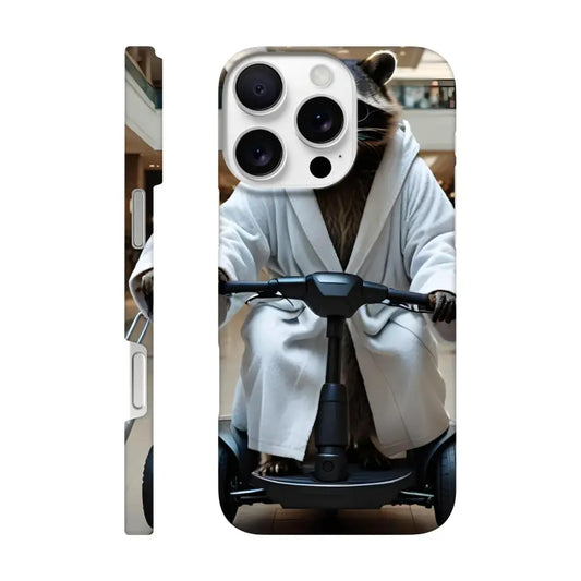 Mobility Mogul iPhone slim case with raccoon in robe on scooter illustration
