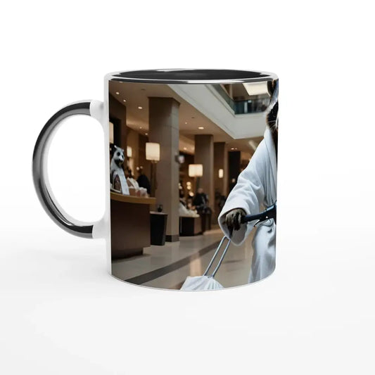 Coffee mug with a raccoon bellhop design from the Mobility Mogul Mug collection