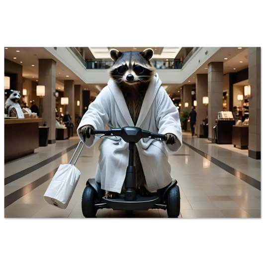 Raccoon in bathrobe riding a scooter featured on PixiOnyx Metal Panel Print