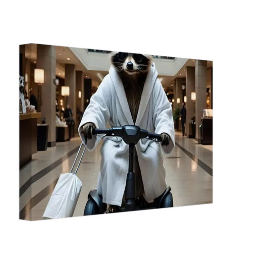 Raccoon in bathrobe riding a scooter as wall art for Mobility Mogul Mallscape Canvas