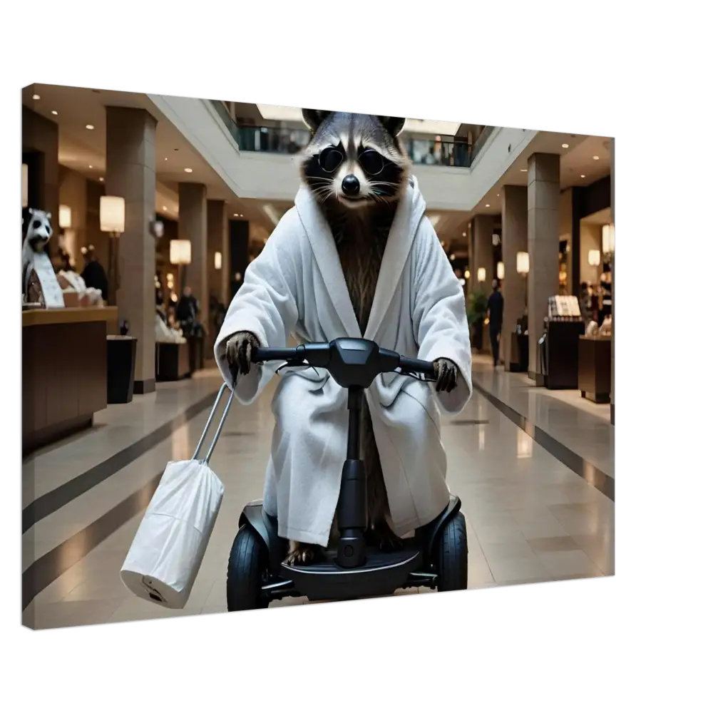 Raccoon in bathrobe riding scooter as part of Mobility Mogul Mallscape Canvas Wall Art