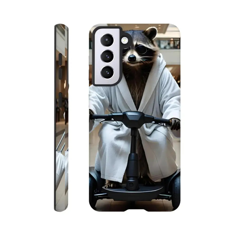 Samsung Tough Case with PixiOnyx Deluxe Raccoon Shell featuring a raccoon in a robe on a scooter