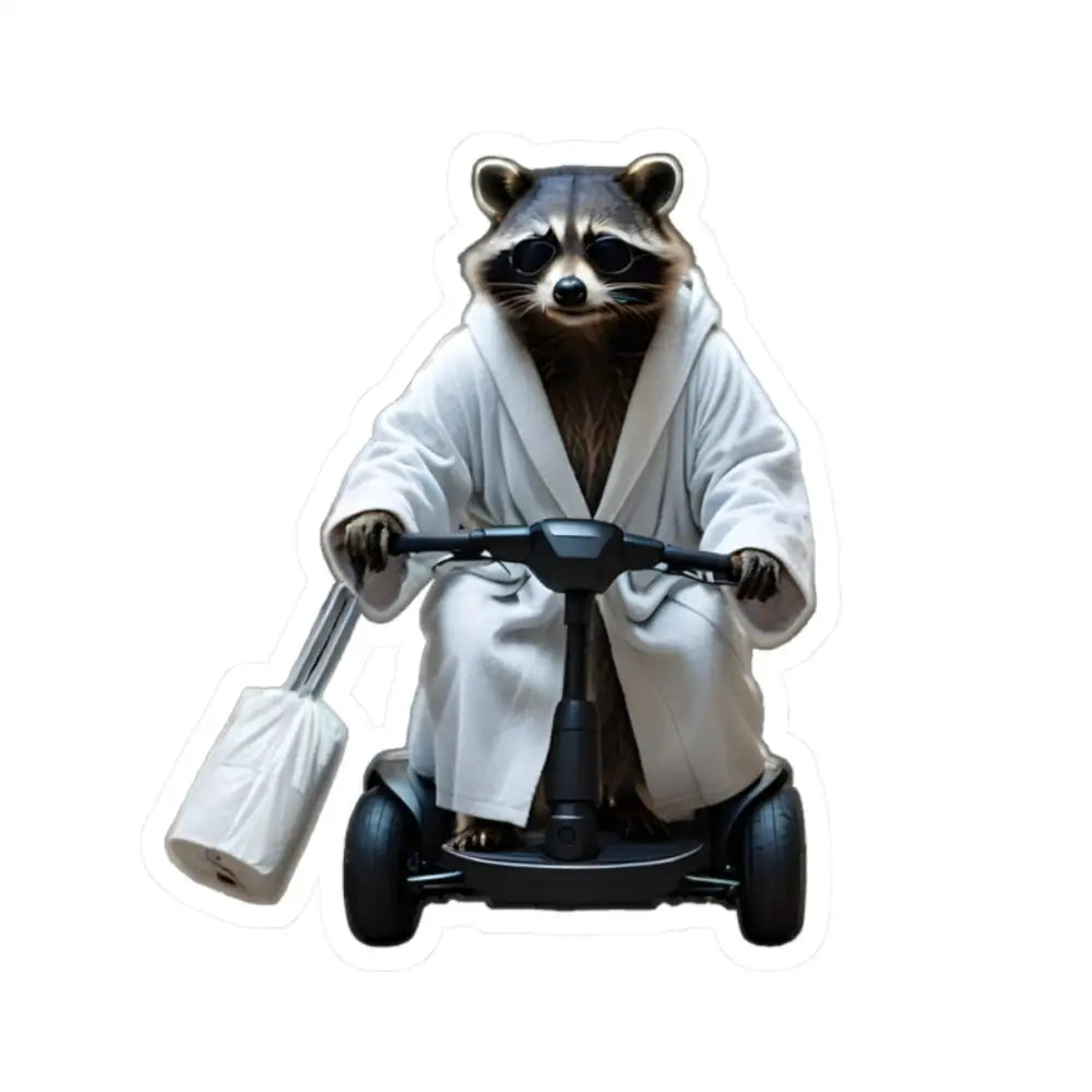 Raccoon in bathrobe on scooter holding toilet paper for Mobility Mogul Sticker decal