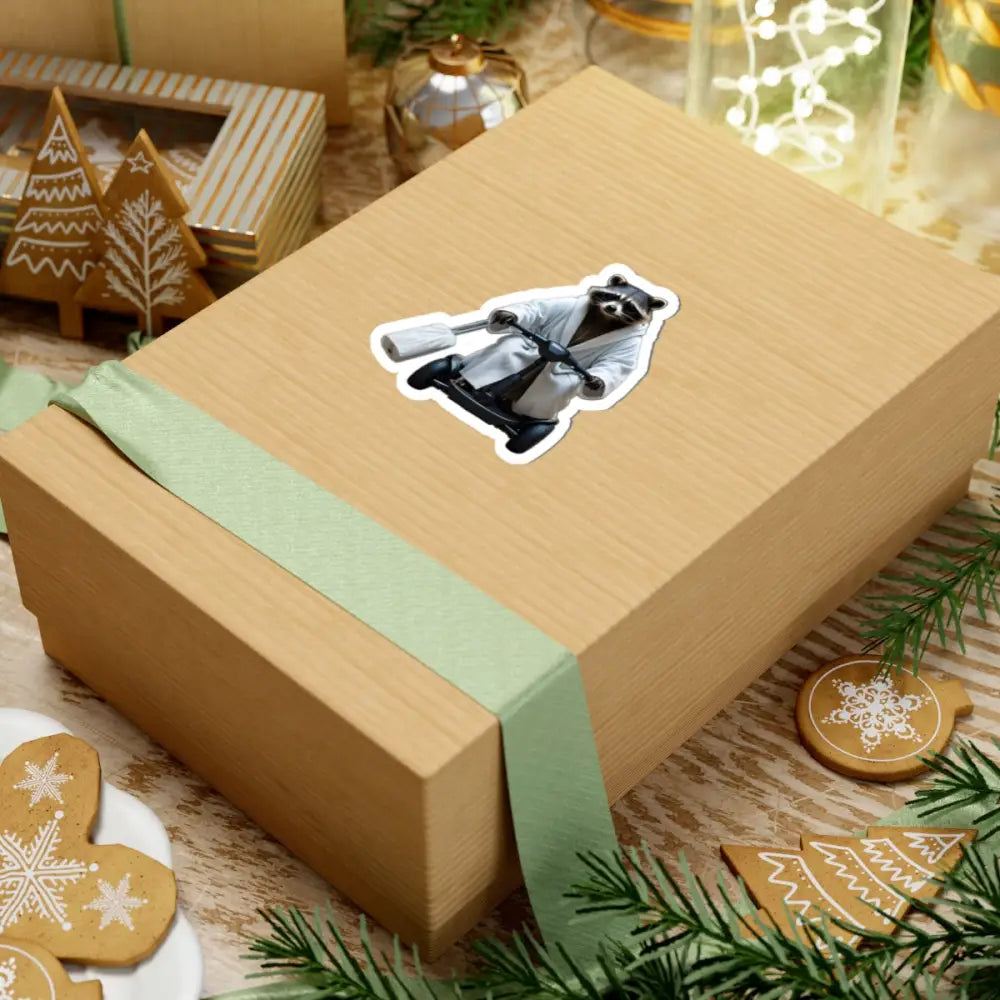 Gift box with a Kiss-Cut Raccoon Boss sticker from PixiOnyx Vinyl Decal collection