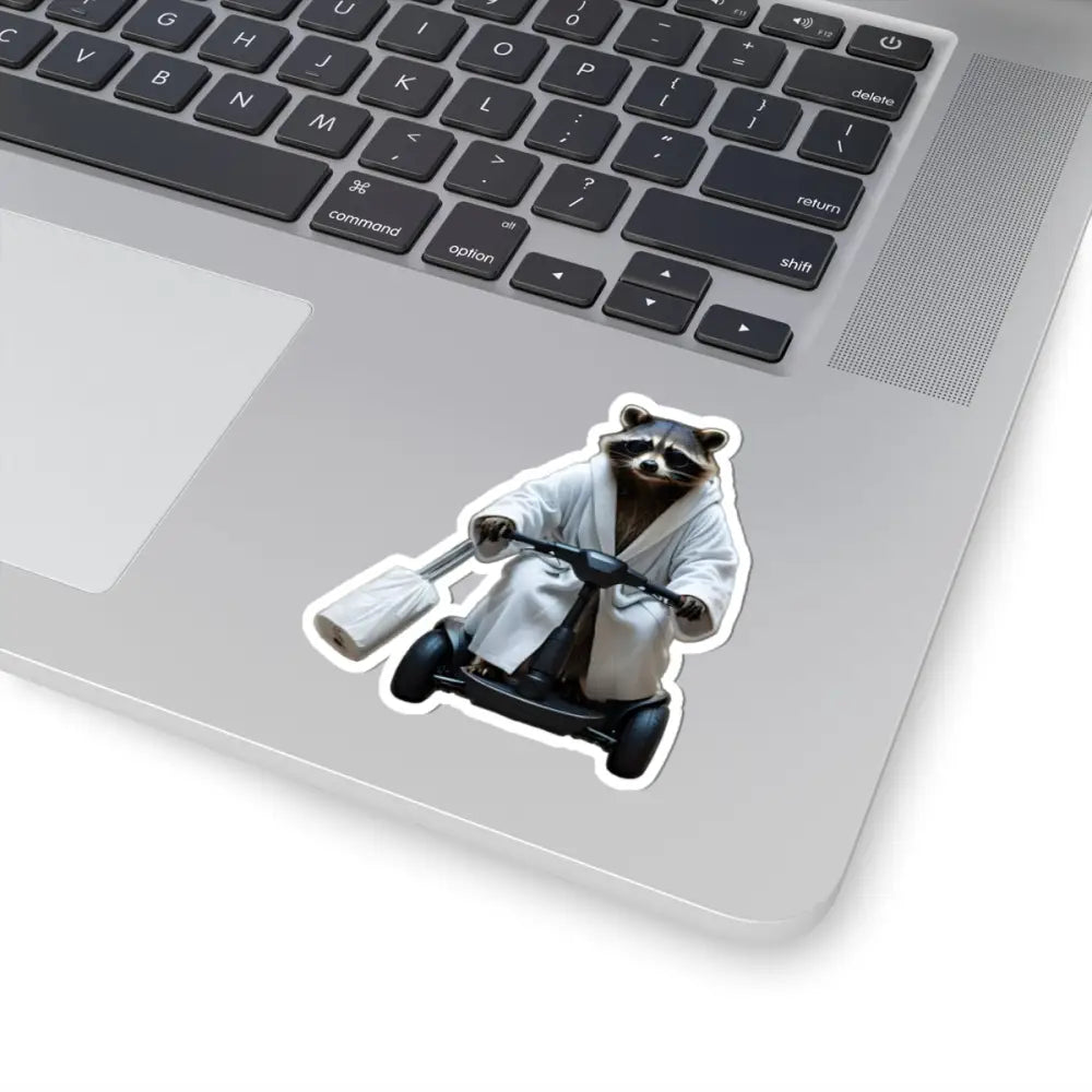 Raccoon in bathrobe on scooter sticker for Mobility Mogul PixiOnyx Vinyl Decal