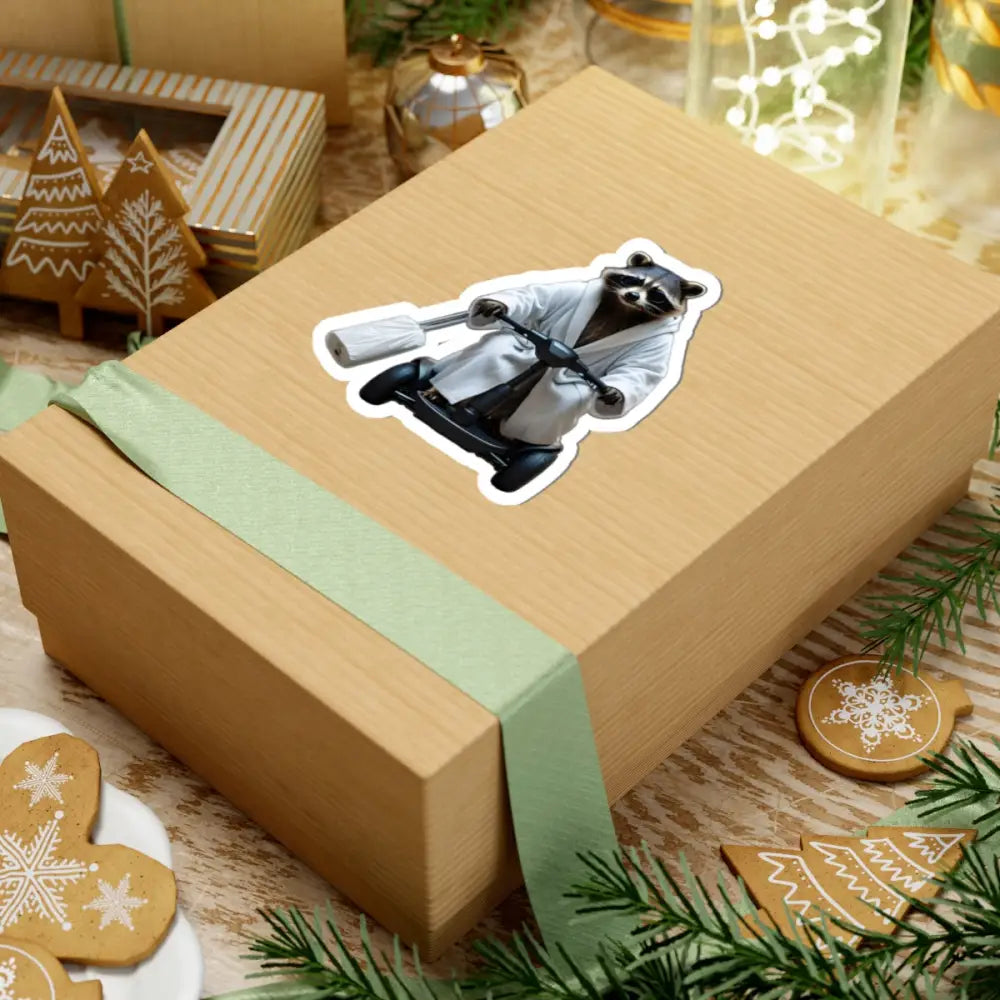 Gift box featuring a Kiss-Cut Raccoon Boss sticker from PixiOnyx Vinyl Decal