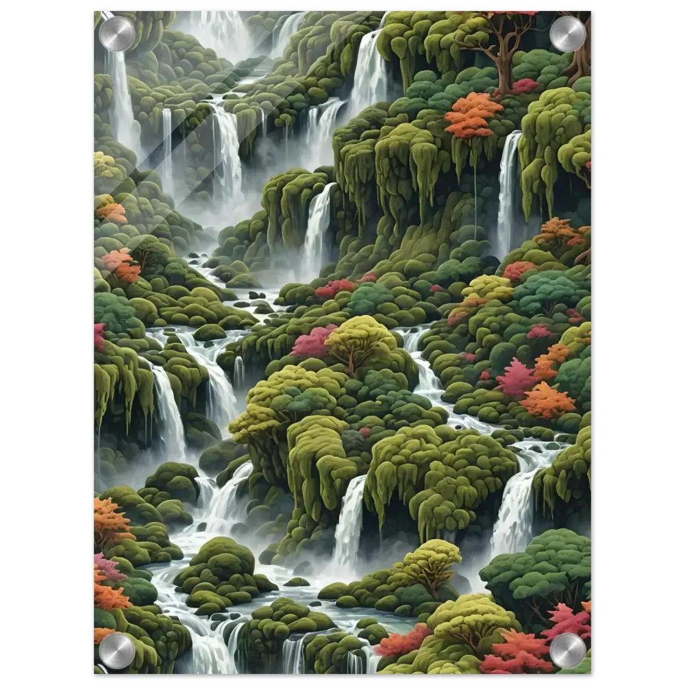 Lush waterfall landscape art on Acrylic Print by PixiOnyx titled Moss Cascade