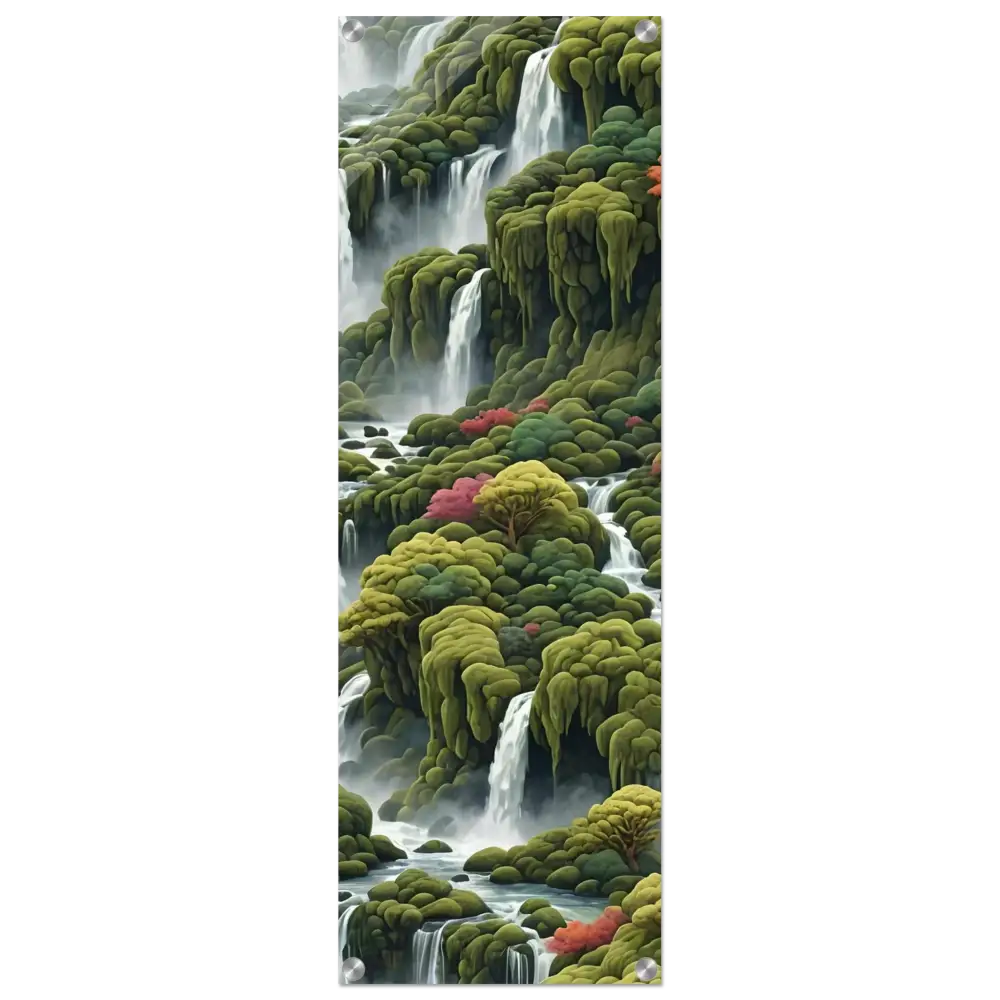 Lush mossy waterfalls cascading down rocky landscape on Moss Cascade acrylic print by PixiOnyx