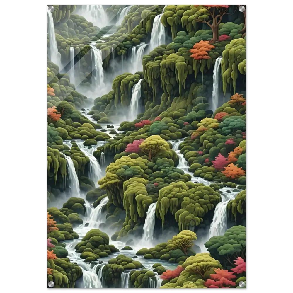 Lush waterfall landscape art on Moss Cascade acrylic print by PixiOnyx