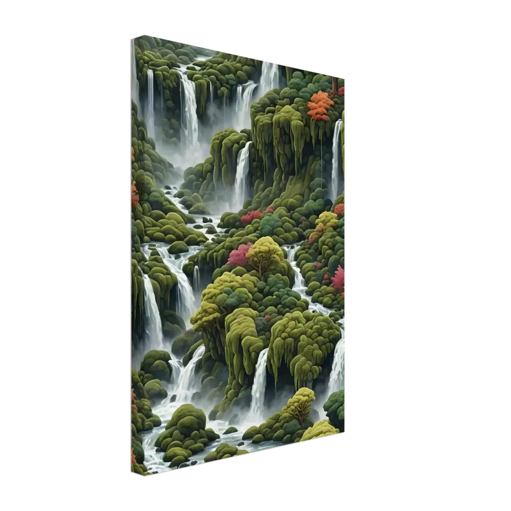 Lush waterfall landscape canvas wall art displayed on Moss Cascade by PixiOnyx