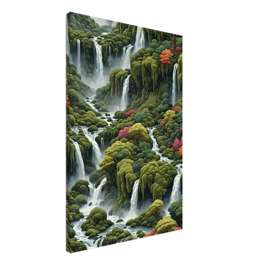 Lush multi-tiered waterfall landscape canvas wall art Moss Cascade PixiOnyx
