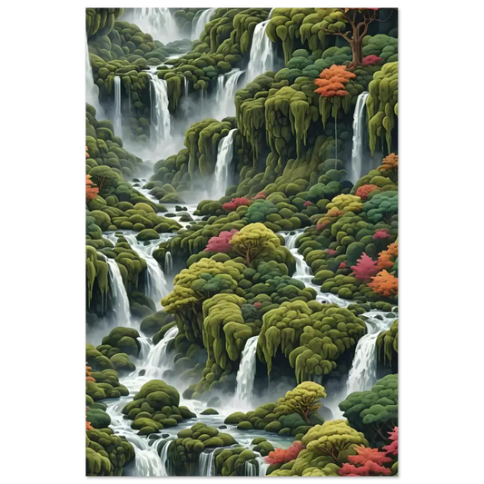 Moss Cascade Fine Art Poster featuring lush cascading waterfalls and vibrant foliage