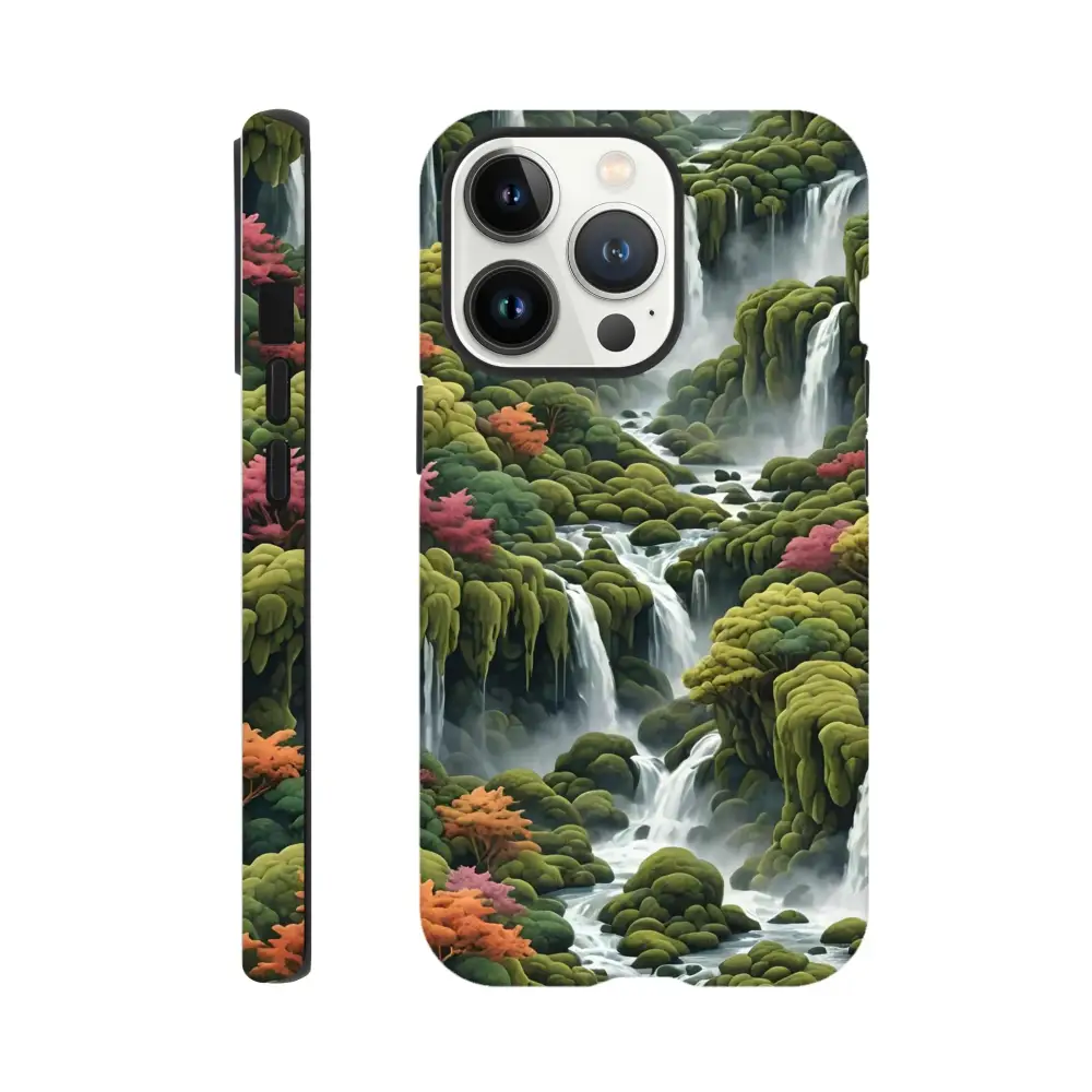 Waterfall-themed phone case for iPhone displayed in Moss Cascade PixiOnyx product image