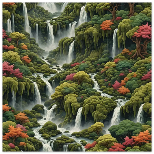 Moss Cascade Wood Print featuring lush cascading waterfalls and vibrant foliage