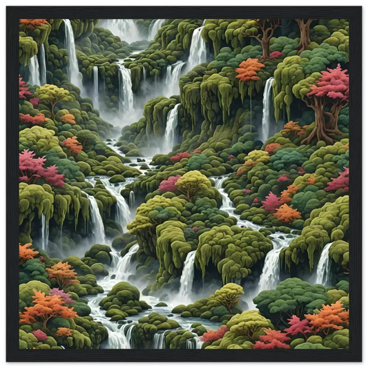 Moss Cascade Wooden Framed Matte Poster featuring lush waterfalls and vibrant foliage