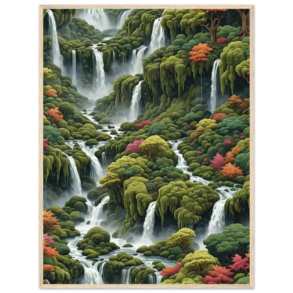 Lush waterfall landscape painting on Moss Cascade Wooden Framed Matte Poster by PixiOnyx