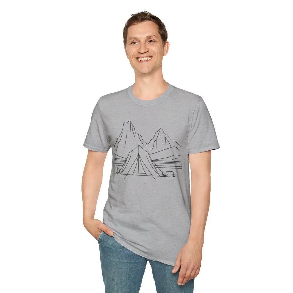 Gray stylish unisex t-shirt with mountain and tent line drawing made from ring-spun cotton