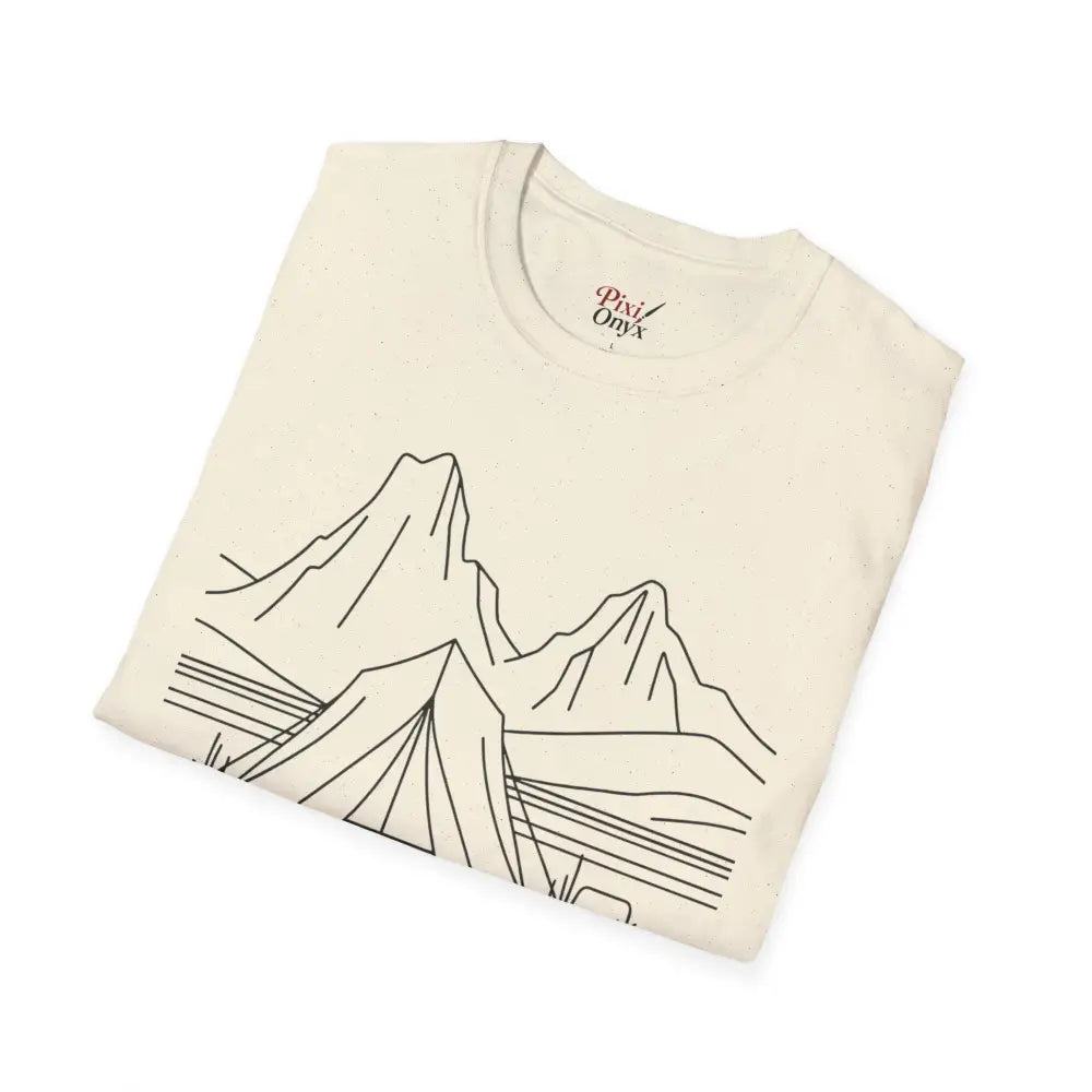 Cream-colored stylish unisex t-shirt with mountain line drawing made from ring-spun cotton