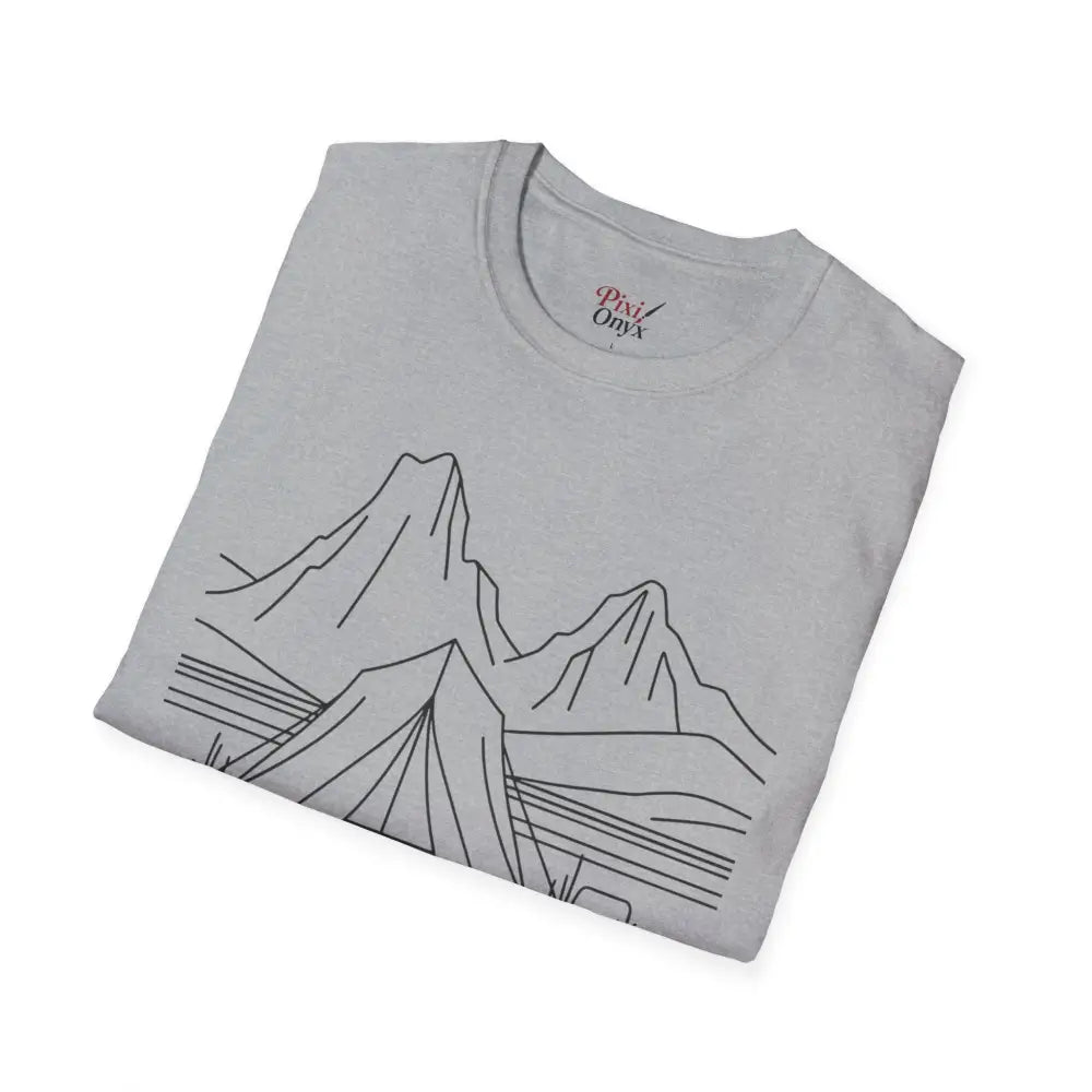 Light gray stylish unisex t-shirt with black mountain line-art design made from ring-spun cotton