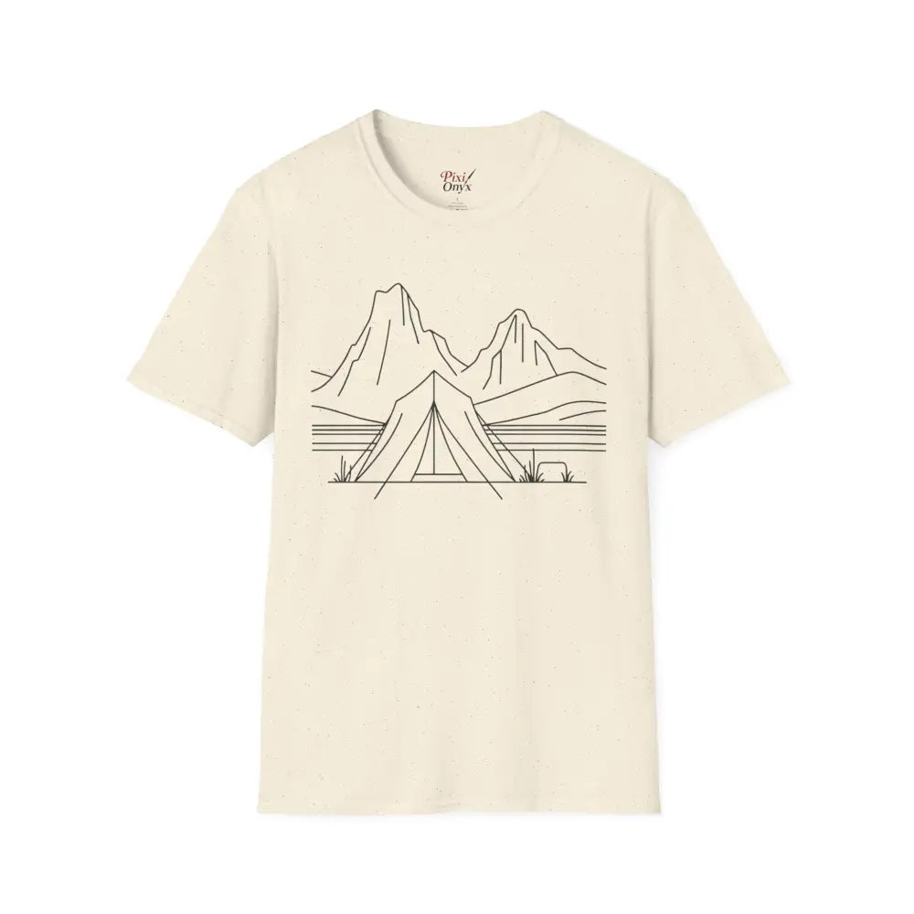 Cream-colored stylish unisex t-shirt with mountain camping line art made from ring-spun cotton